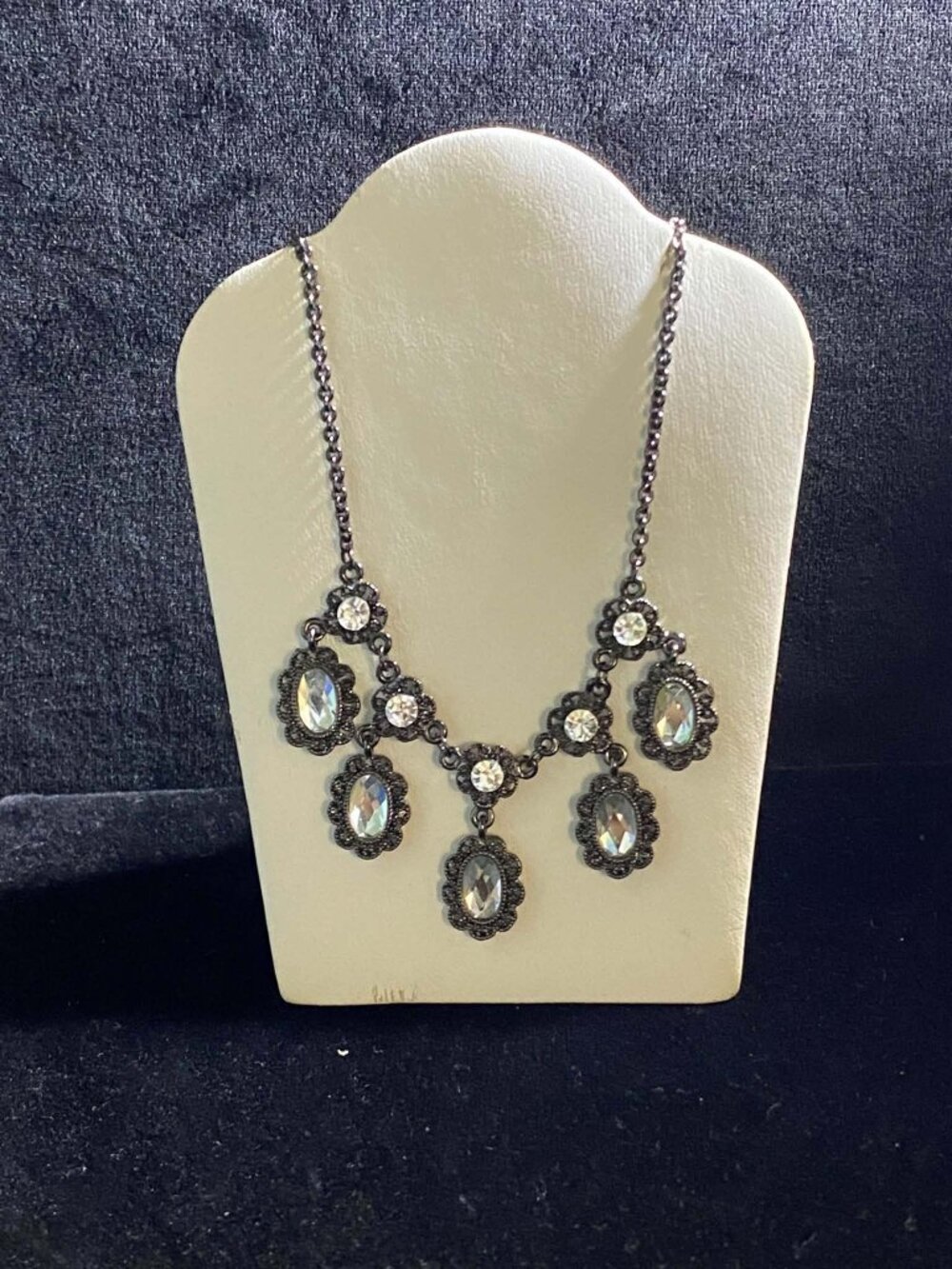 Vintage Gunmetal Bib Victorian Necklace Multiple Crystals Ornate Silver Filigree